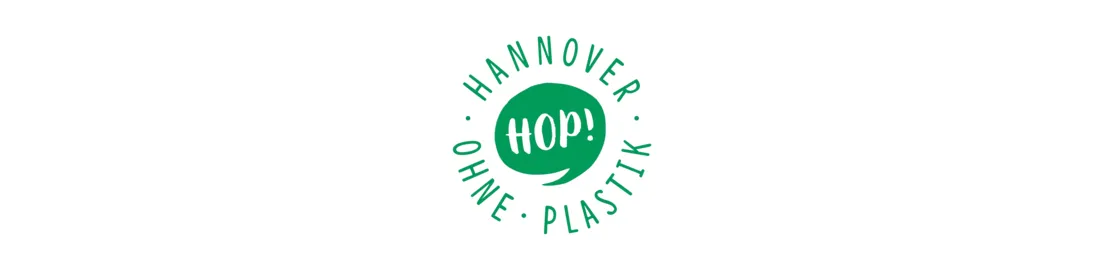 Gr&uuml;nes Logo auf wei&szlig;em Hintergrund. Hannover ohne Plastik steht kreisf&ouml;rmig um eine gr&uuml;ne Sprechblase mit der wei&szlig;en Inschrift HOP!