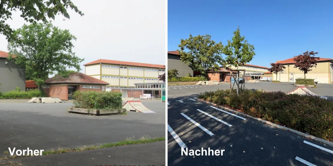 Links Schulgeb&auml;ude und Rampen mit einer Einheit Str&auml;uchern, rechts der gleiche Schulhof mit zwei neue gepflanzten B&auml;umen.