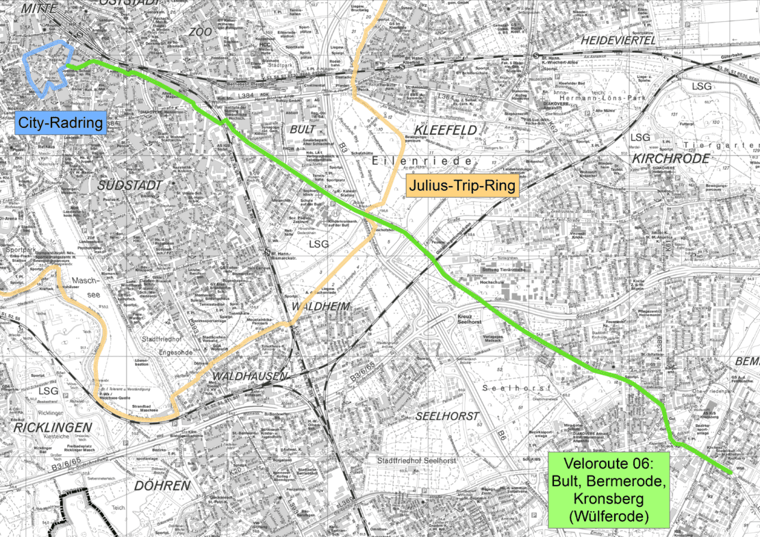 Eine Karte auf der mit grün die Veloroute 6 eingezeichnet ist.