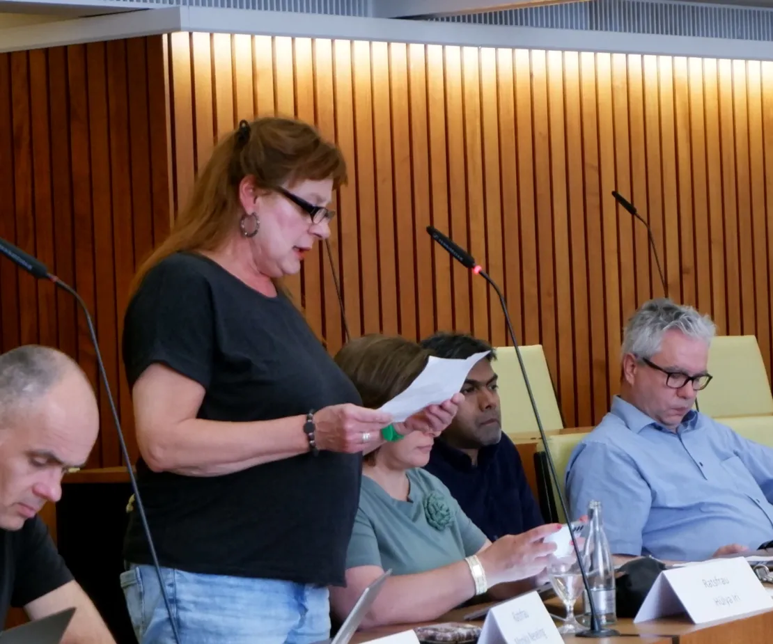 Eine Frau in schwarzem T-Shirt steht vor einem Mikrofon und spricht hinein. Sie h&auml;lt einen Zettel in der Hand, von dem sie anscheinend abliest. Links und rechts von ihr sitzen weitere Personen.