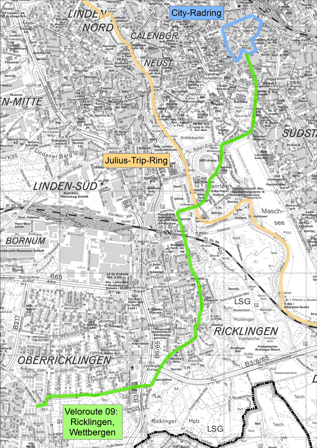 Veloroute 9 als Karte. Die Route ist in grün markiert.