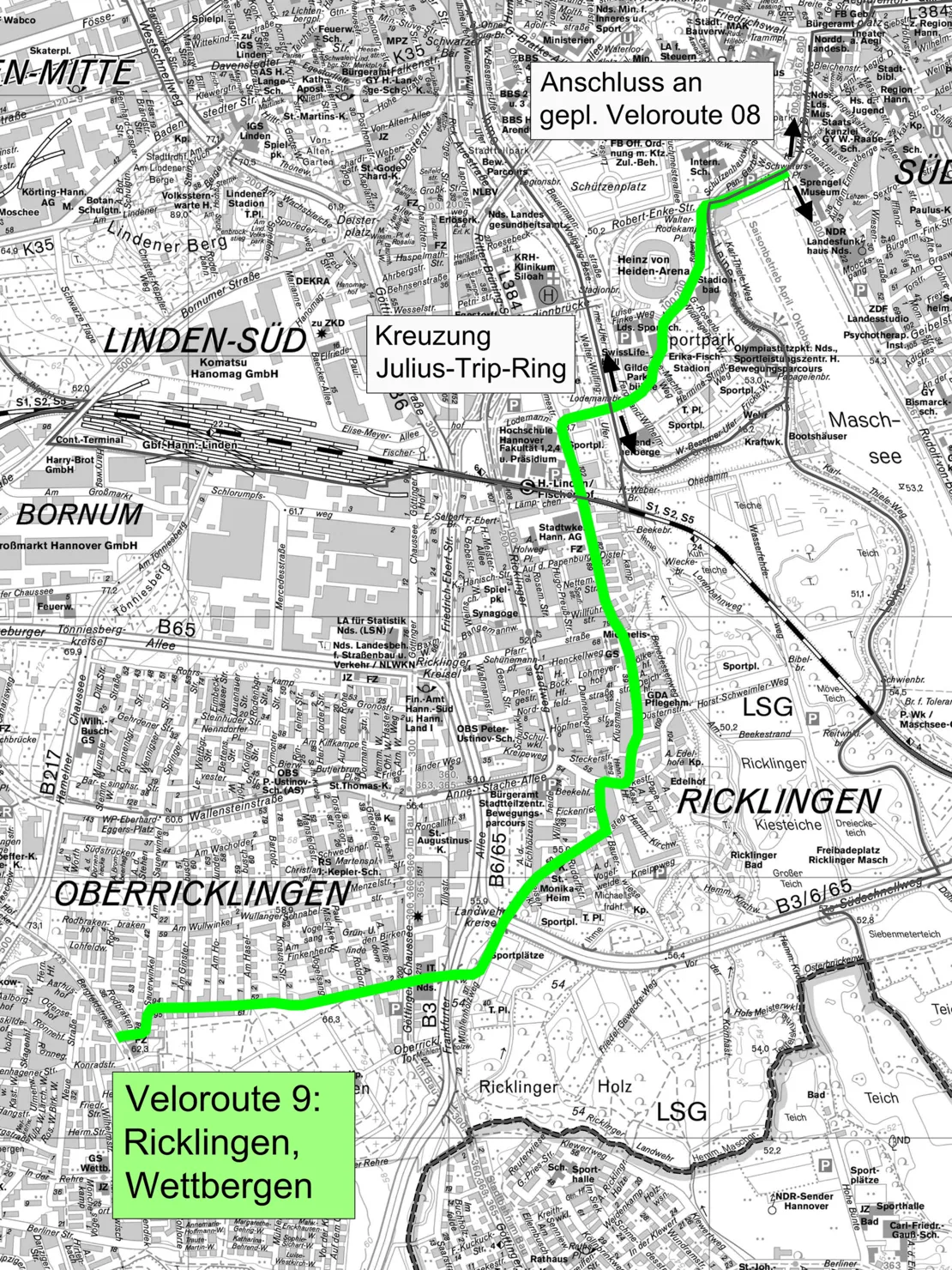 Veloroute 9 als Karte. Die Route ist in gr&uuml;n markiert.