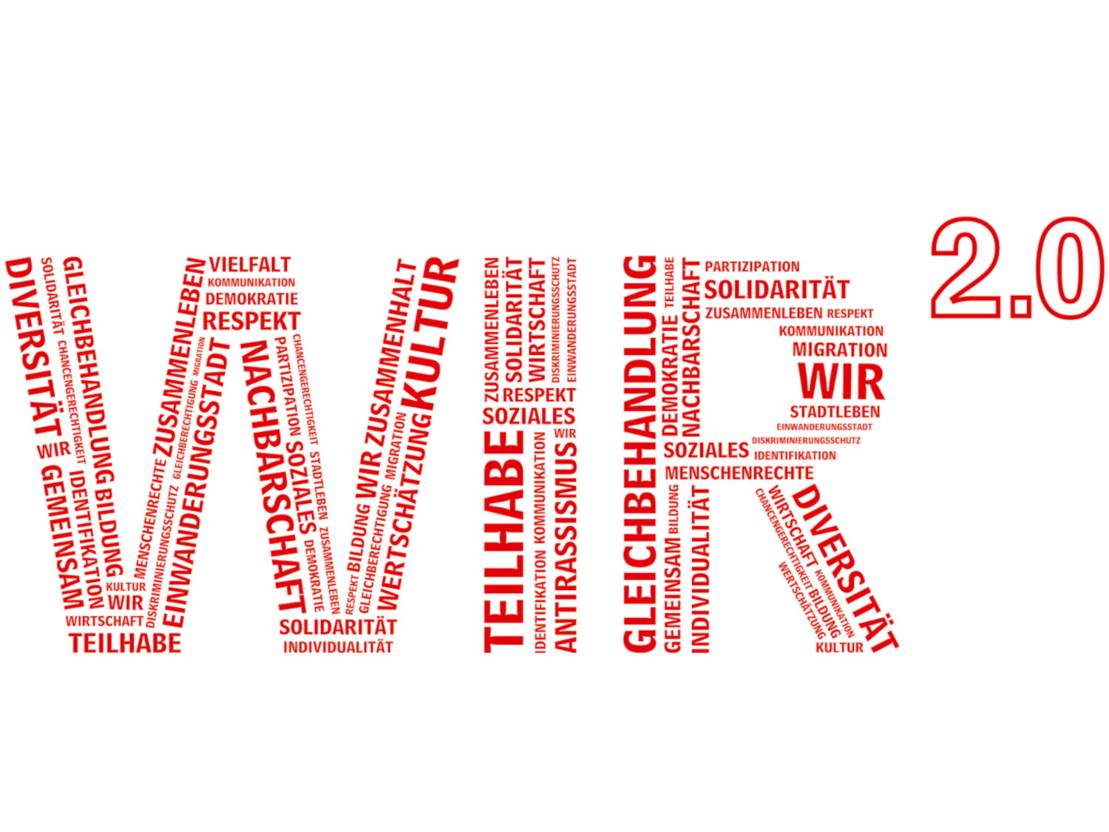 Roter Schriftzug auf weißem Grund: "WIR 2.0". Die Buchstaben sind aus verschiedenen Wörtern zusammengesetzt, darunter die Wörter "Migration" und "Teilhabe".