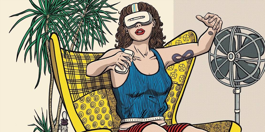 Comiczeichnung einer Frau, die mit VR-Brille im Sessel sitzt
