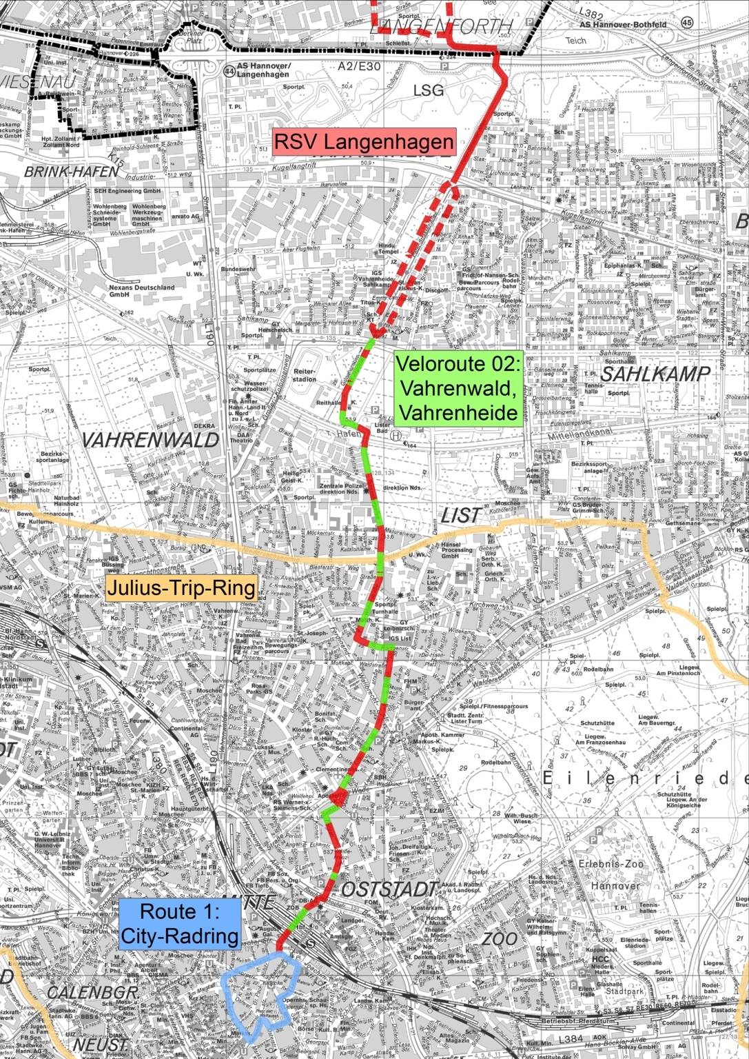 Auf der Karte ist mit einer rot, grün gestrichelten Linie die Radschnellverbindung nach Langenhagen markiert.