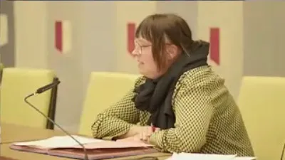 Dezernentin Sylvia Bruns sitzt an einem Tisch mit Mikrofon. Im Hintergrund ist der gro&szlig;e Wandteppich des Ratssaals zu erkennen.