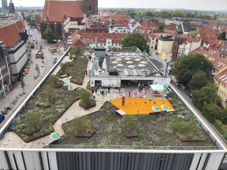 Blick auf ein begrüntes Parkhausdach von oben.