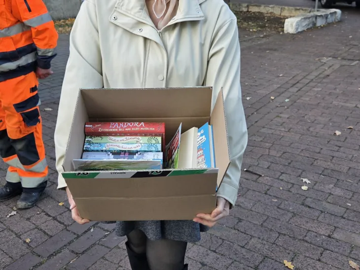 Die veröffentlichten Bücher von Frau John in einem Karton.