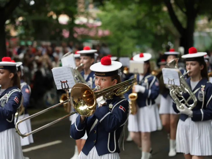 Eine Musikkapelle bei einem Festzumzug.