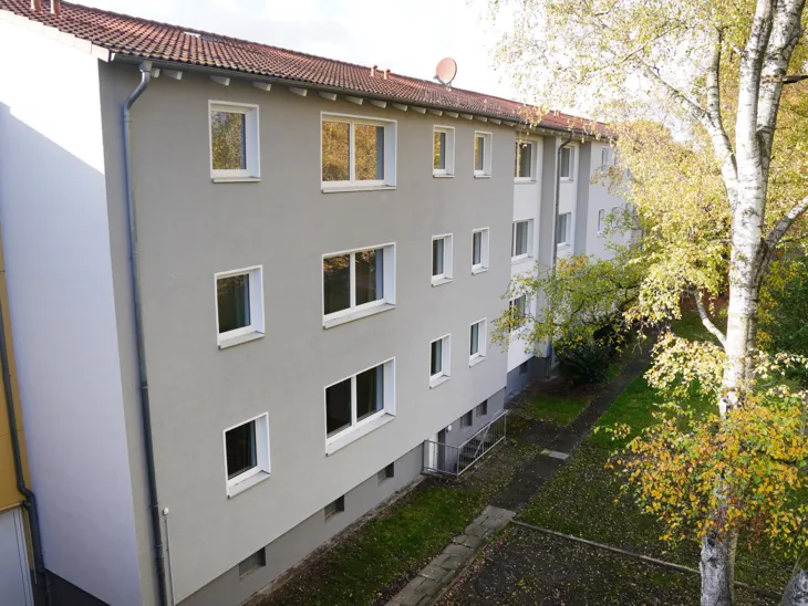 Ein langes Wohngebäude mit zwei Obergeschossen, Blick von seitlich oben in den hinteren Garten mit Baum.