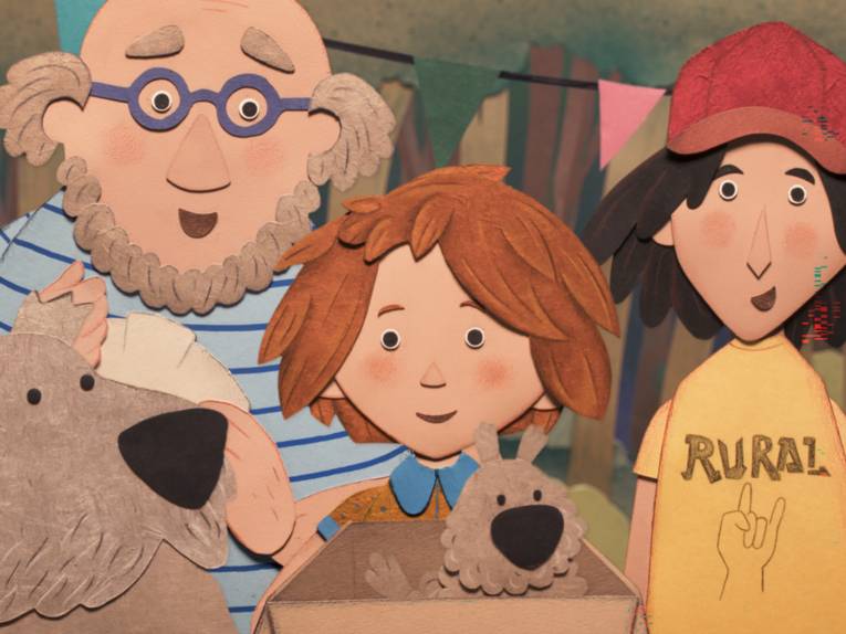 auf dem gezeichneten Bild sind ein Mann und zwei Jungen zu sehen, außerdem zwei Hunde