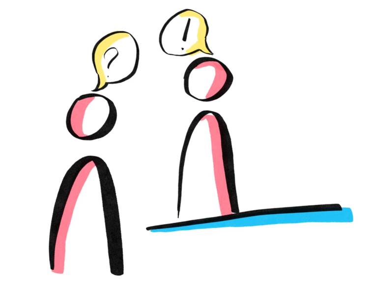 Zeichnung: Zwei Personen stehen sich gegenüber. Über der einen ist ein Fragezeichen, über der anderen ein Ausrufezeichen.