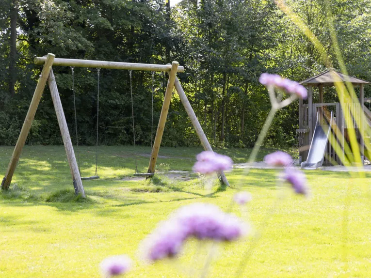 Schaukel, im Hintergrund Kletterturm mit Rutsche