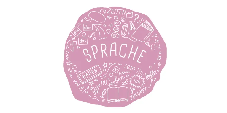 Verschiedene Begriffe und Symbole zum Thema Sprache und Spracherwerb bilden eine Wortwolke mit weißer Schrift auf rosafarbenem Hintergrund.