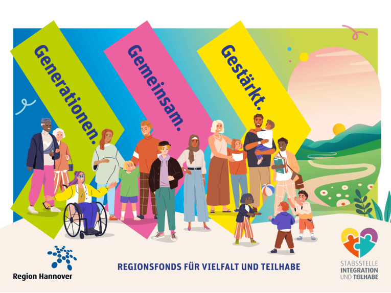 Illustration mit verschiedenen Menschen, die gesellschaftliche Vielfalt darstellen soll, darüber steht: Generationen. Gemeinsam. Gestärkt.