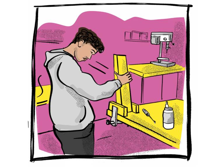 Zeichnung: Eine Person arbeitet an einer Werkbank