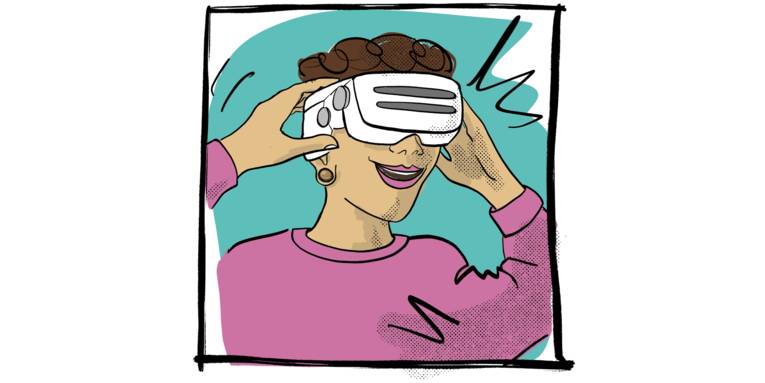 Zeichnung: Jemand trägt eine VR-Brille und bewegt sich in einer virtuellen Realität