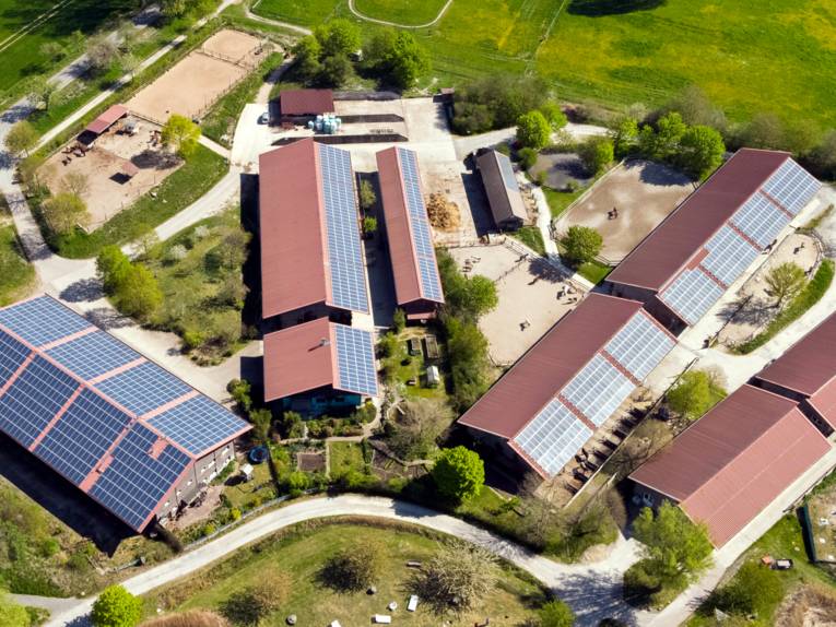 Blick auf einen landwirtschaftlichen Betrieb mit Wohn- und Wirtschaftsgebäuden. Die Dachflächen sind überwiegend mit Solarpaneelen bestückt. Tiere stehen auf umzäunten Flächen.