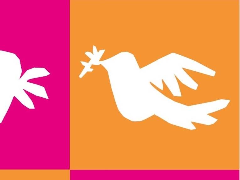 Zu sehen ist eine Grafik in Orange-Pink, auf der ein grober Umriss einer Friedenstaube zu sehen ist.