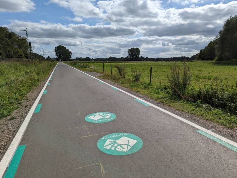 Ein asphaltierter Weg mit aufgemaltem Velorouten-Symbol, links Schienen und Oberleitungen, rechts eine grüne Koppel mit Holzpflöcken. Blauer Himmel mit einzelnen Wölkchen.