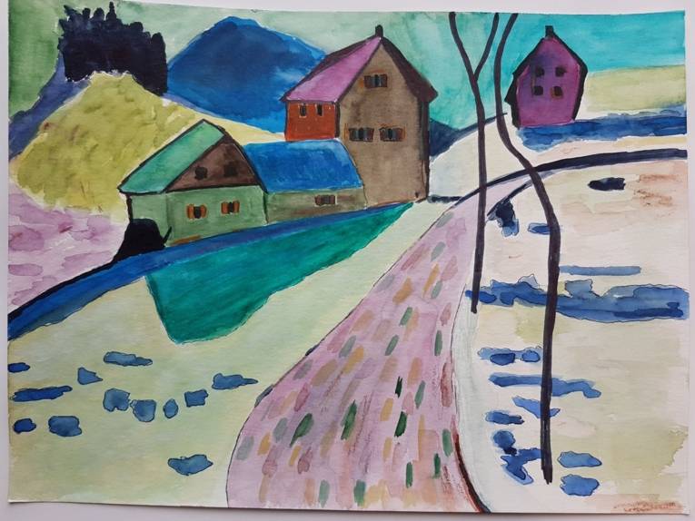 Kleine Häuschen am Wegesrand in leuchtenden Farben.