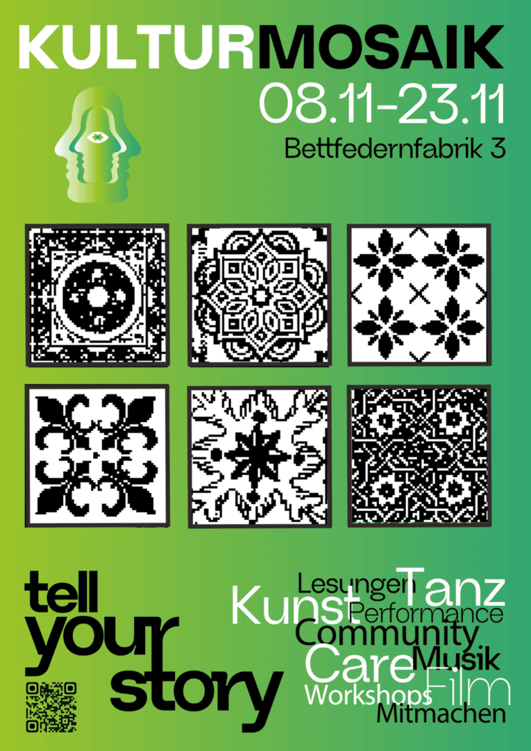 Ein grüner Veranstaltungsflyer mit sechs quadratischen, schwarz-weißen Mosaik-Kacheln.