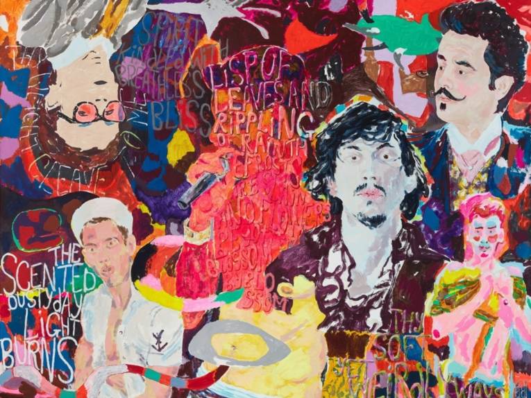 Zu sehen ist eine Malerei von Richard Hawkins: Eine collagenartige Ansammlung von Portraits, bunten Farben und Schrift.