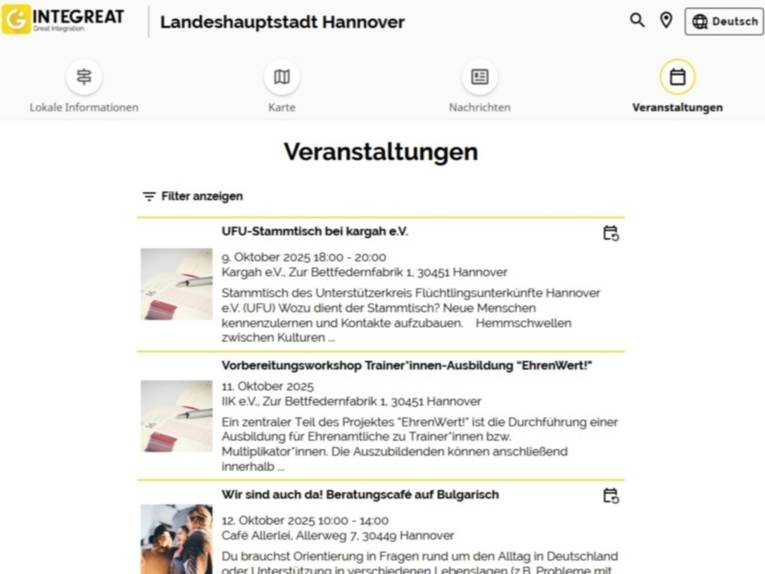 Eine Browserseite mit verschiedenen Veranstaltungen (Symbolbild)