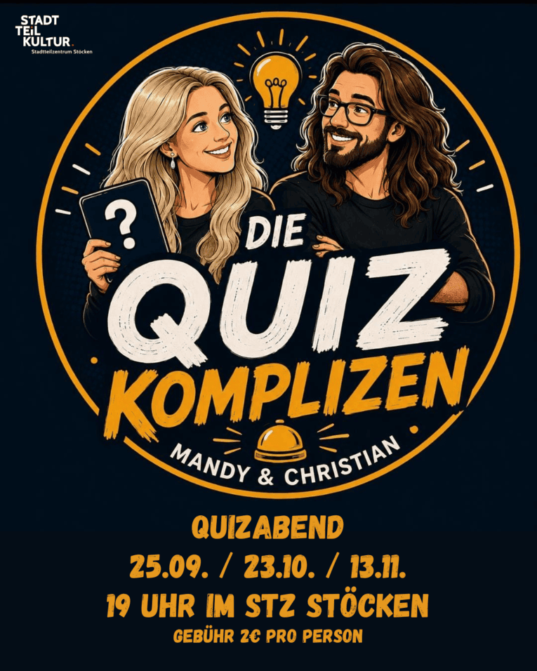 Auf dem Bild steht Quizkomplizen Mandy und Christian und die Termine 25.09. / 23.10. / 13.11. sowie zwei Portraitbilder der beiden in einem Comicstil.