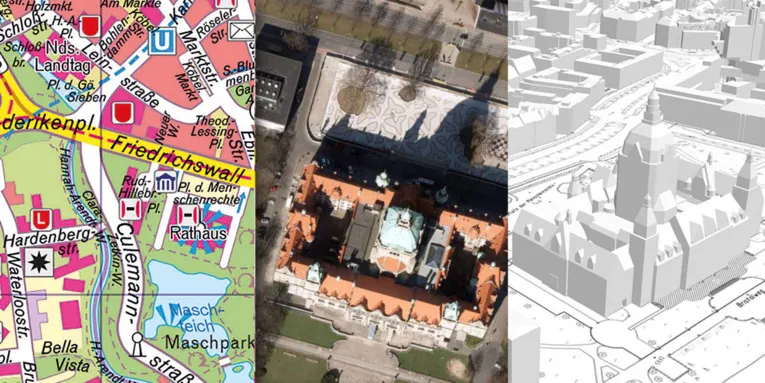 Kollage aus drei Ausschnitten nebeneinander: Auszug aus einem Stadtplan, Luftbild und 3-D-Bild