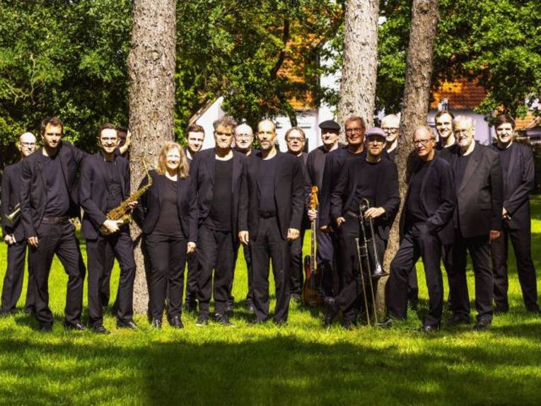 Eine Frau und 15 Männer stehen auf einer Wiese mit Bäumen.