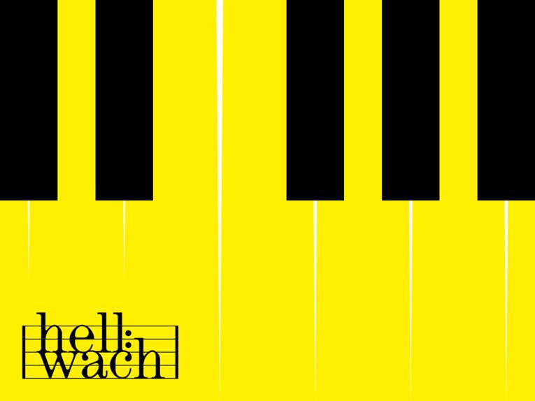 Der stilisierte Schriftzug "hell:wach" auf gelben Klaviertasten.