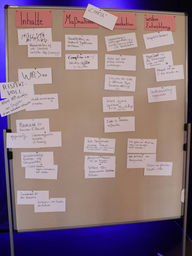 Auf Moderationskärtchen stehen die Ergebnisse eines Workshops. Die Kärtchen sind an eine Metaplanwand gepinnt.