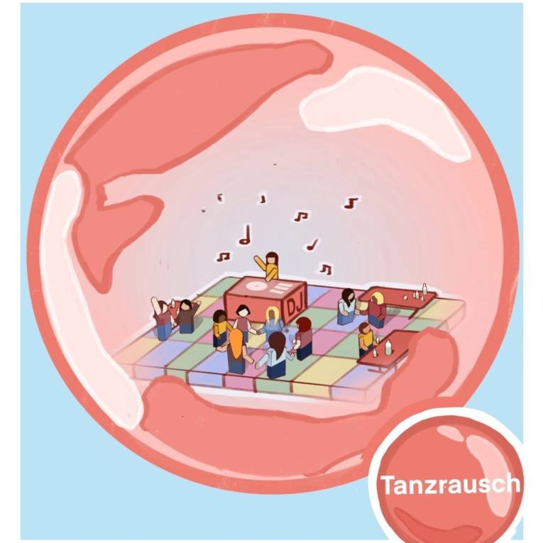 Ein Gemaltes Bild von einer Gruppe von verschiedenen Frauen auf einer Tanzfläche inklusive Musik.