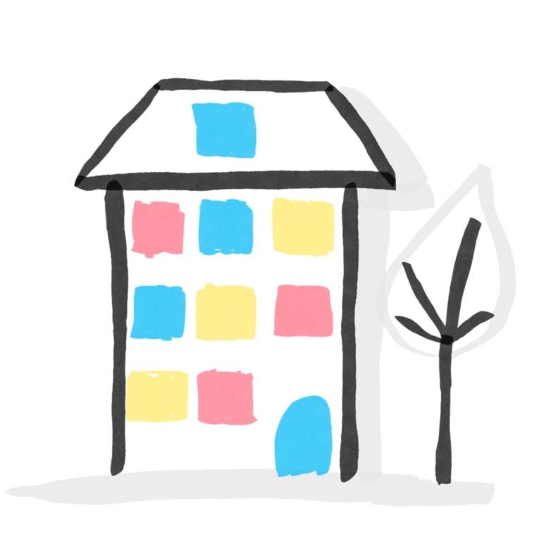 Zeichnung: Haus mit bunten Fenstern. Daneben steht ein kahler Baum.