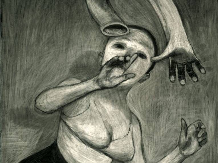 Zu sehen ist eine Zeichnung von Anke Feuchtenberger: Eine Frau zieht ihren Arm wie einen Handschuh aus.