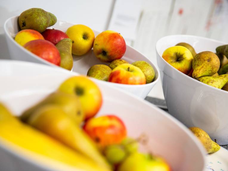 In drei weißen Schalen liegen verschiedene Sorten von Äpfeln und Birnen.