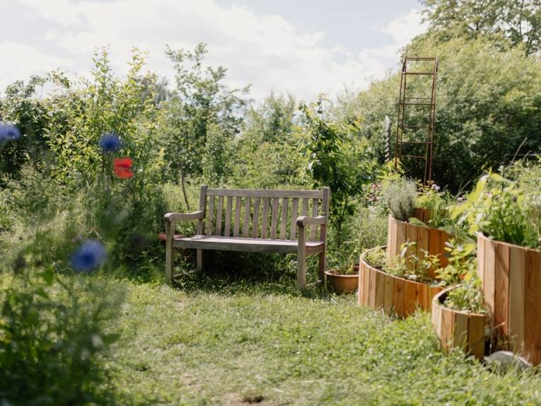 Auf dem Bild ist eine Bank in einem Garten zu sehen.