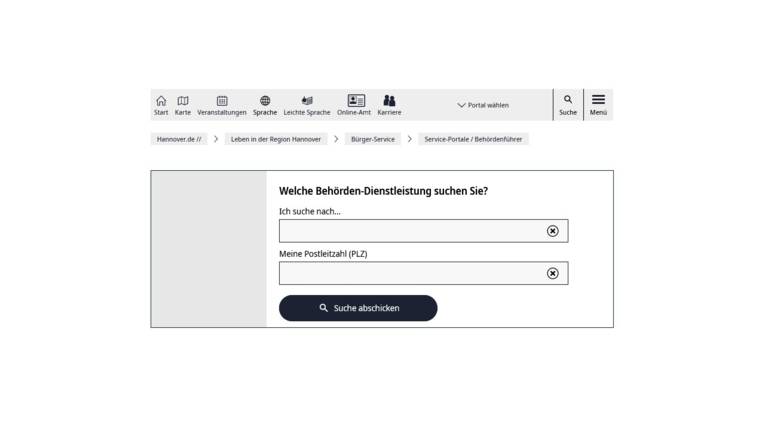 Suchmaske f&uuml;r Beh&ouml;rden-Dienstleistung und Postleitzahl