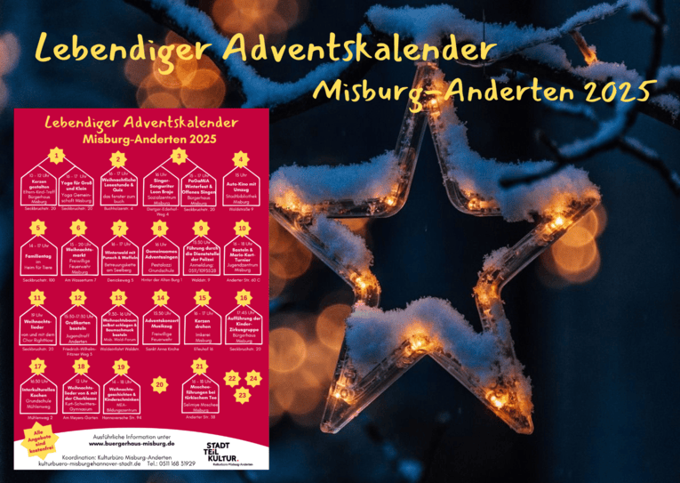 Plakat des Lebendigen Adventskalenders mit weihnachtlichem Stern und Titel, sowie dem prgramm, welches auch im Fließtext zu lesen ist.