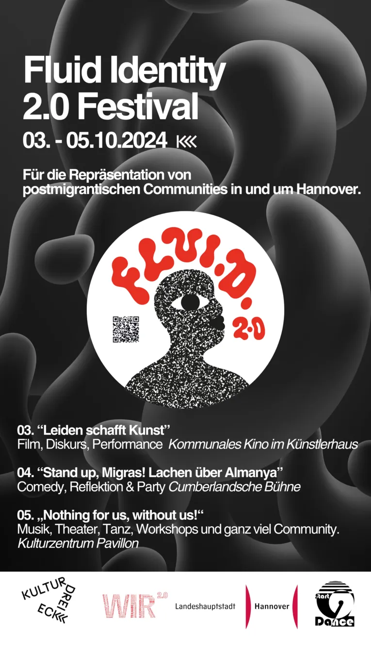 EIn Plakat f&uuml;r das Fluid Identity 2.0 Festival. Schwarzer Hintergrund mit Gestaltungselemnten, die den Blasen einer Lavalampe nachempfungen sind.
