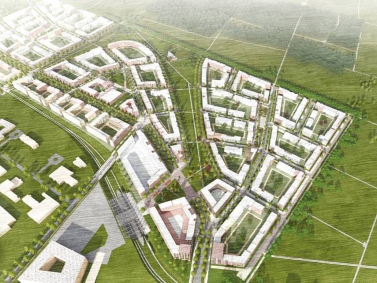 Ein aus der Vogelperspektive dargestellter Stadtteil-Plan.