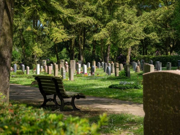 Blick auf einen Friedhof. An der Seite steht eine Bank, davor ein Weg und zahlreiche Grabsteine.