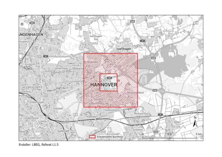 Ausschnitt einer Landkarte mit schraffiertem Bereich.