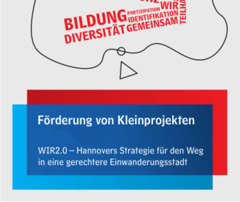 Blau-Rote Kartusche von Stadt und Region Hannover mit dem Text "Förderung von Kleinprojekten bis 5.000 Euro"