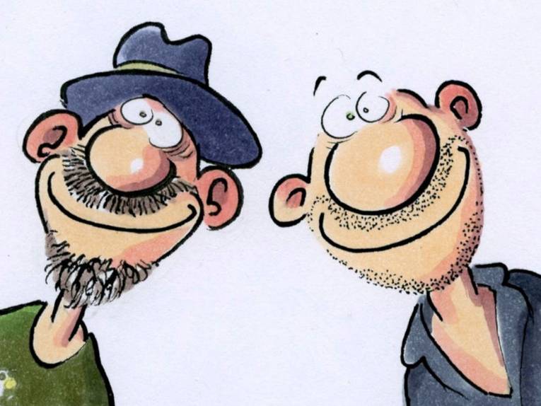 Comiczeichnung von zwei grinsenden Männern mit Kulleraugen, großen Ohren und Bart
