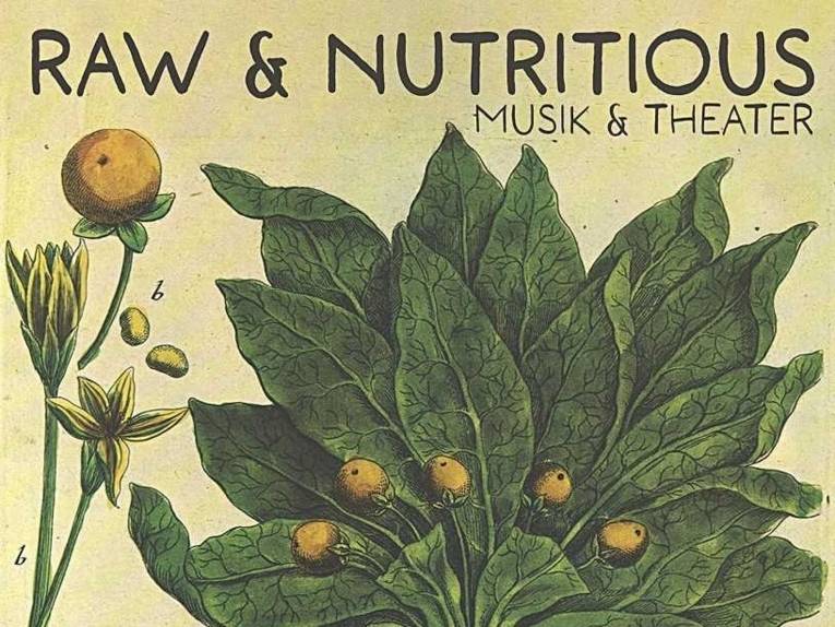 Plakat mit einer gemalten Pflanze und der Schrift Raw & Nutritious Musik & Theater