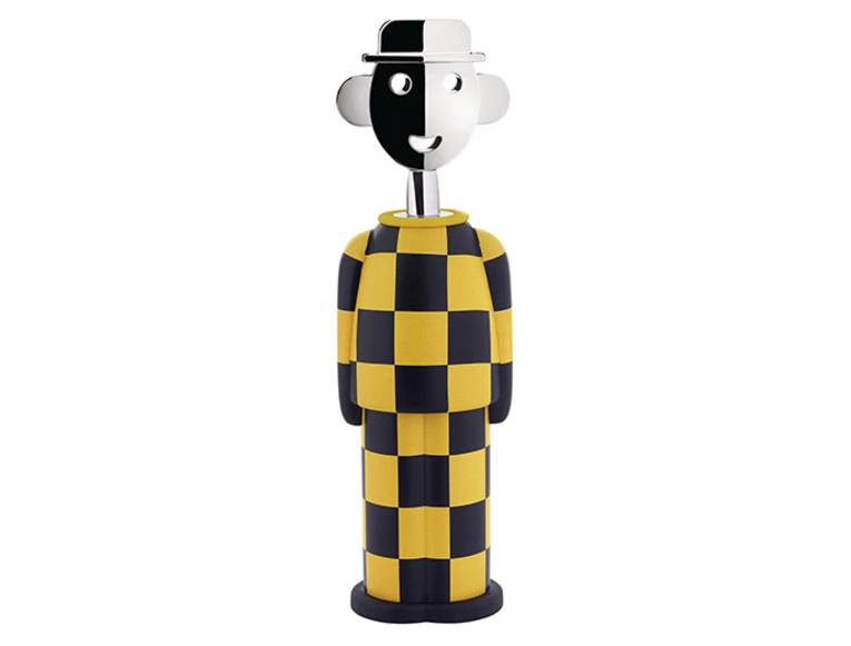 Korkenzieher Allesandro M. – Giallo e Nero, Biokunststoff, Verchromte Zinklegierung, Entwurf: Alessandro Mendini (1931–2019), diese Ausführung 2025, Herst.: Alessi SpA, Crusinallo, Italien