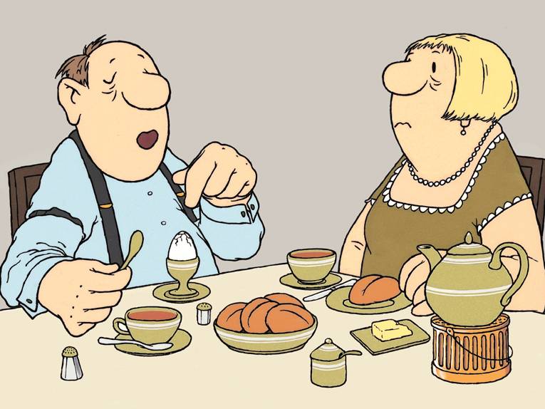 Ein gezeichnetes Ehepaar sitzt an einem gedeckten Frühstückstisch