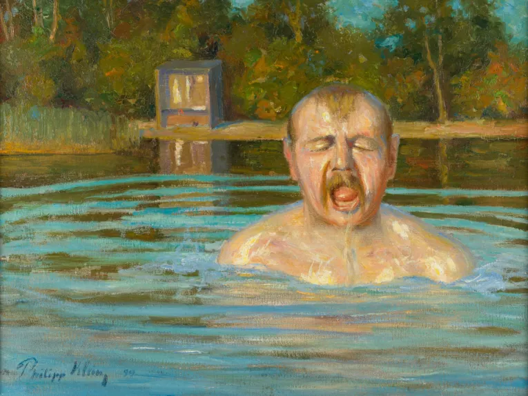 Zu sehen ist eine impressionistische Malerei von Philipp Klein: ein Mann taucht gerade aus einem Badesee wieder auf, den Mund zum Atemholen aufgerissen.